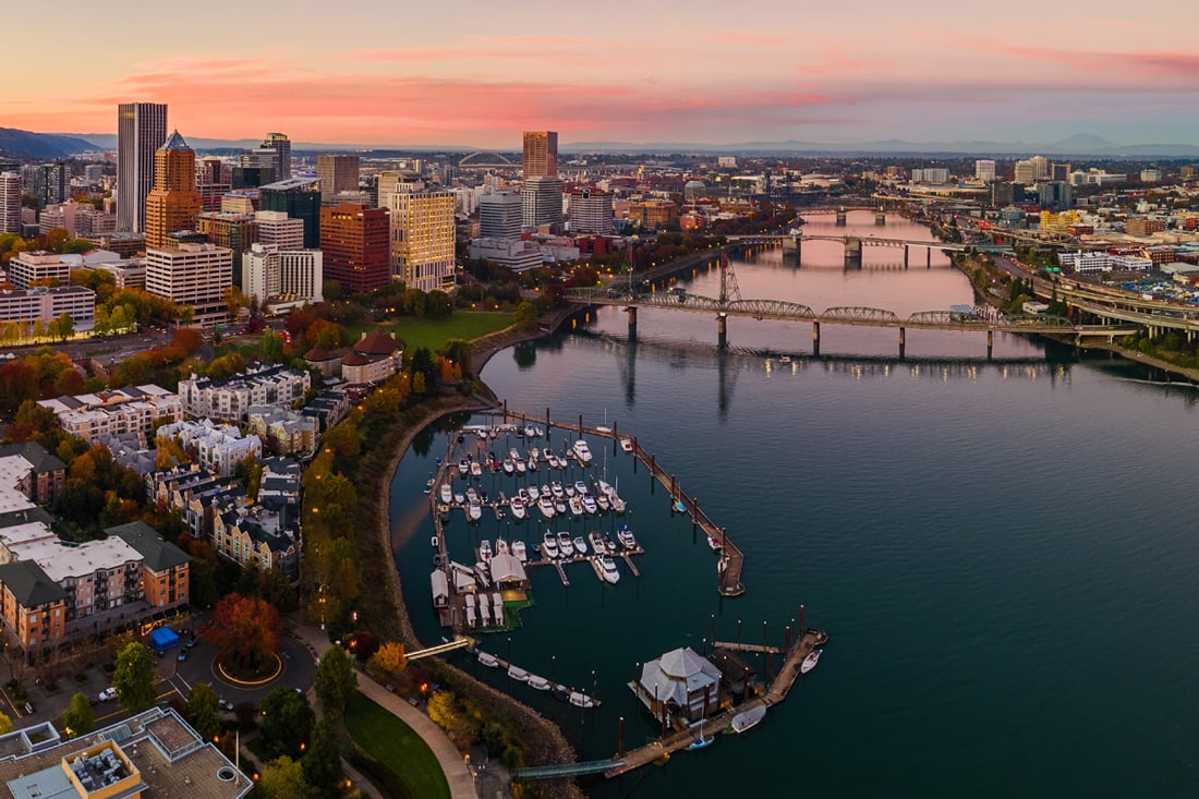Aerial view of a sunset in downtown Portland Oregon